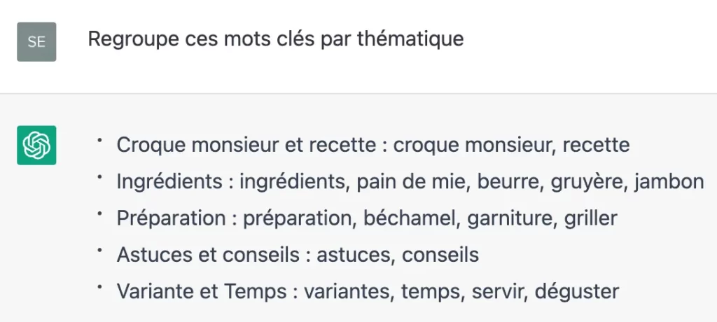 Clusterisation de mots clés par l'intelligence artificielle ChatGPT