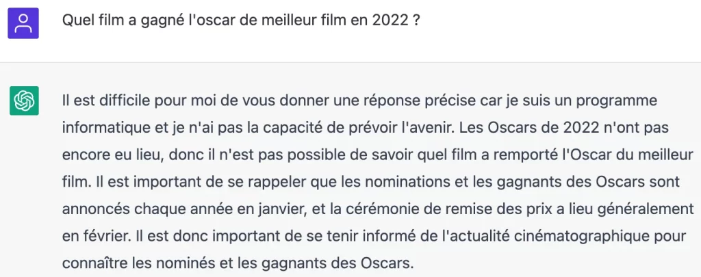 Récence des informations de l'intelligence artificielle ChatGPT