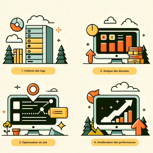 Infographie expliquant les 4 grandes étapes de l'Analyse de Logs SEO
