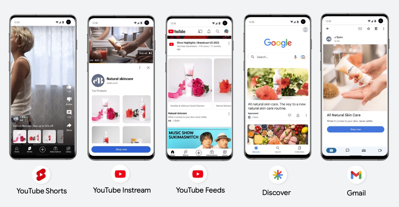 Infographie des plateformes de diffusion des campagnes Demand Gen de Google Ads : YouTube, Discover, et Gmail